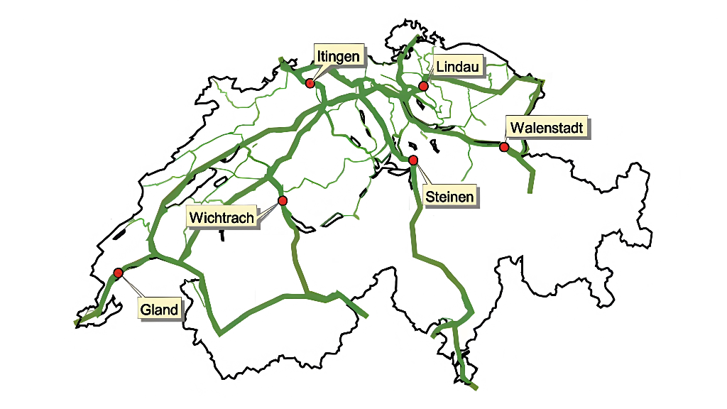 Karte der Schweiz mit den sechs Standorten.