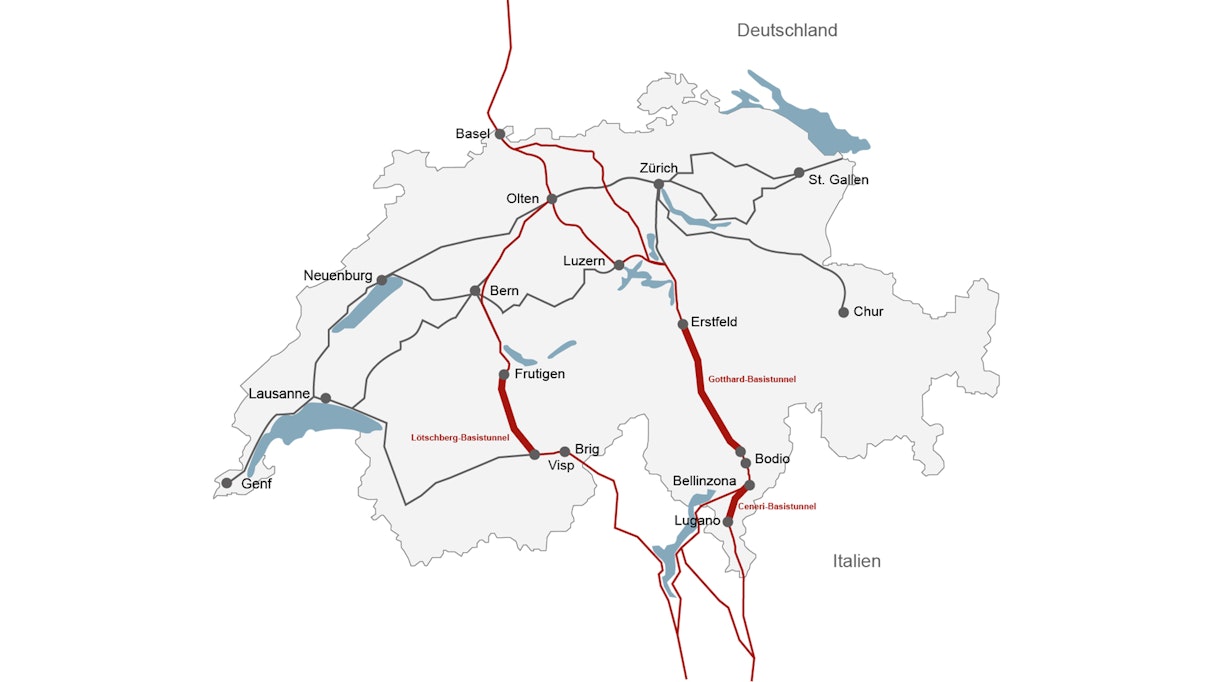 Auf der Schweizerkarte sind auf den Achsen zwischen Basel und Brig bzw. dem Tessin die drei Basistunnel Lötschberg, Gotthard und Ceneri eingezeichnet.