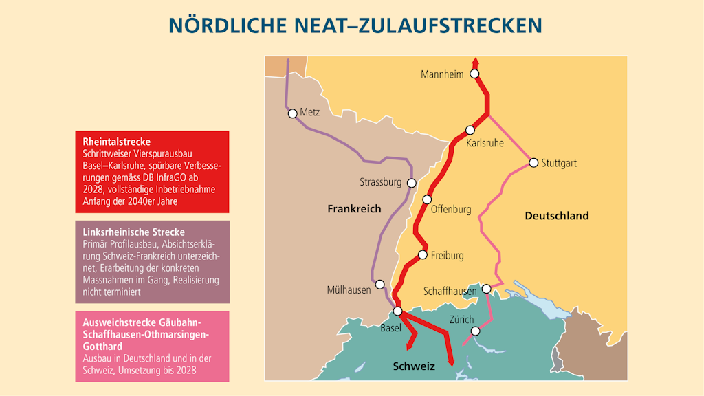 Landkarte mit Rheintalstrecke, Linksrheinische Strecke und Gäubahn (Ausweichstrecke)