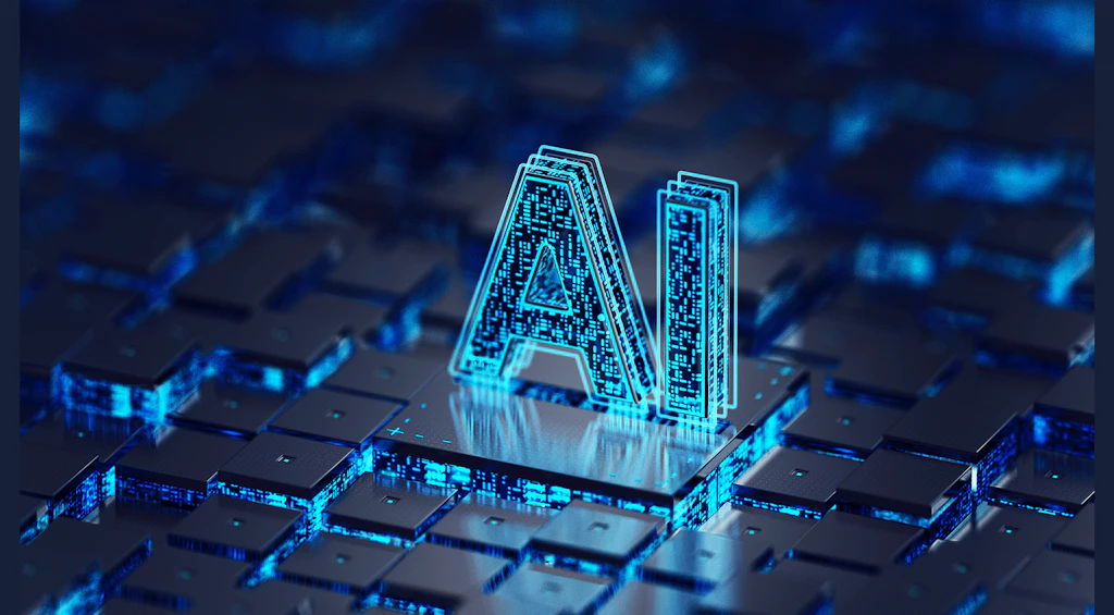 Leuchtende 3D-Buchstaben „AI“ in Blau, platziert auf einer Oberfläche, die an eine elektronische Schaltung erinnert
