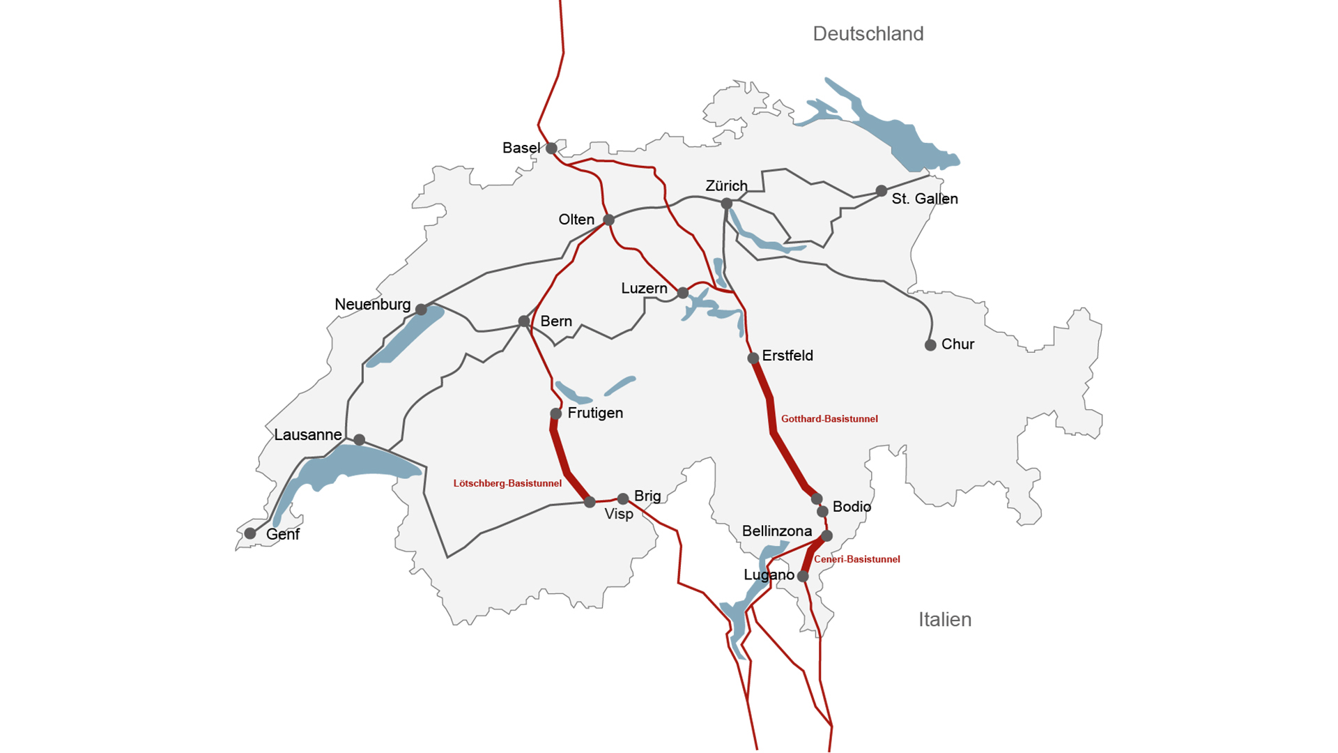 The Lötschberg, Gotthard and Ceneri base tunnels with their routes running between Basel and Brig, and Basel and Ticino can be seen on the map of Switzerland.