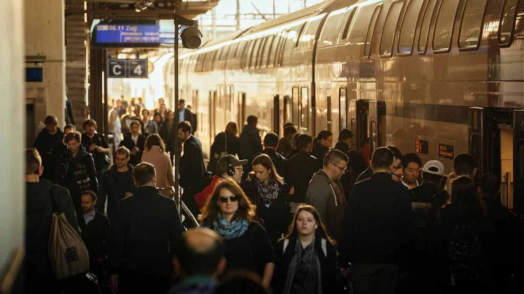 Des passagers descendent d’un train à deux étages.
