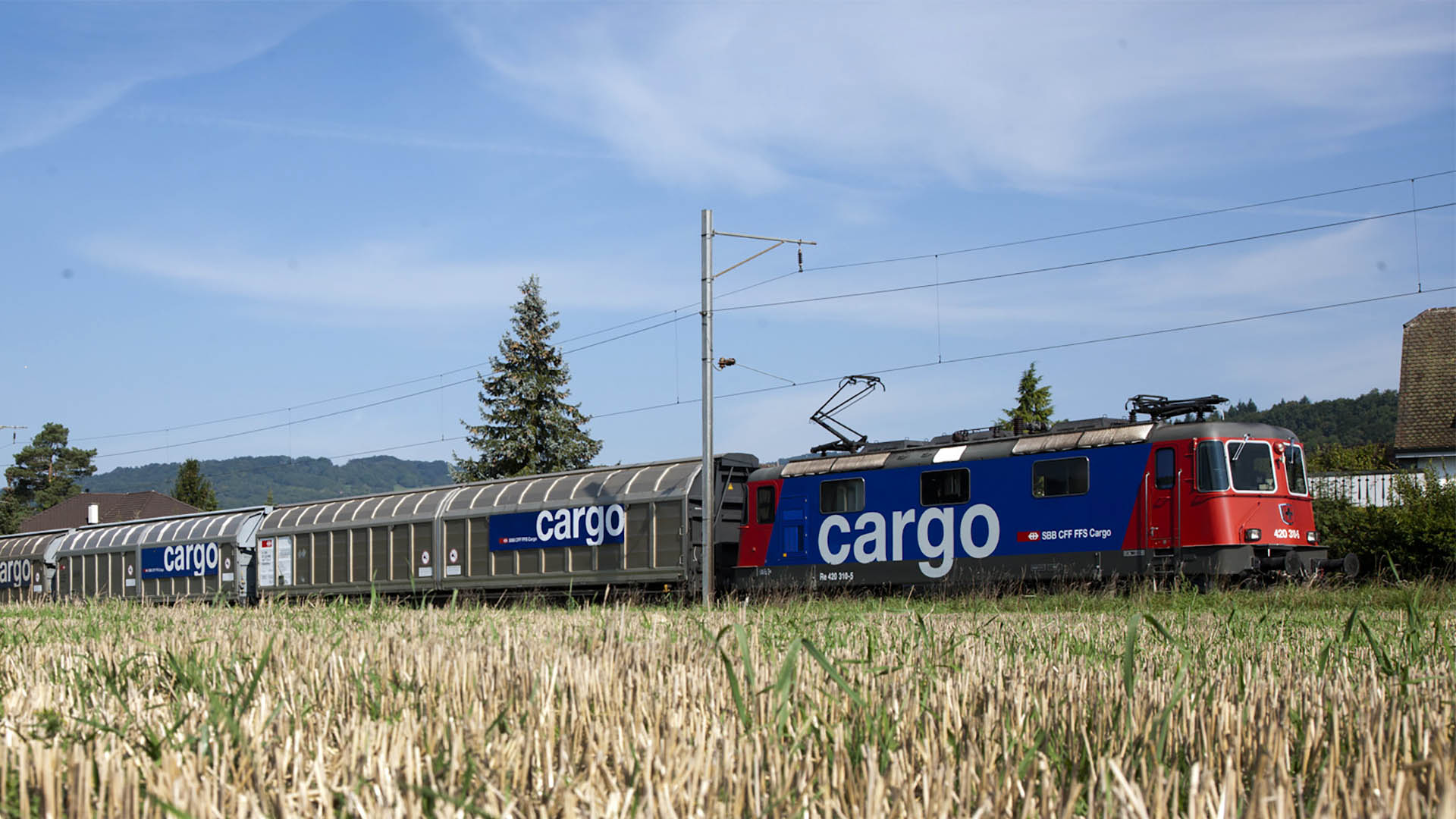 Un train de marchandises de SBB Cargo passe devant un champ.