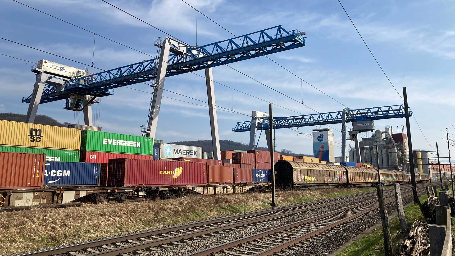 Carri merci sotto una gru con container pronti per essere trasbordati